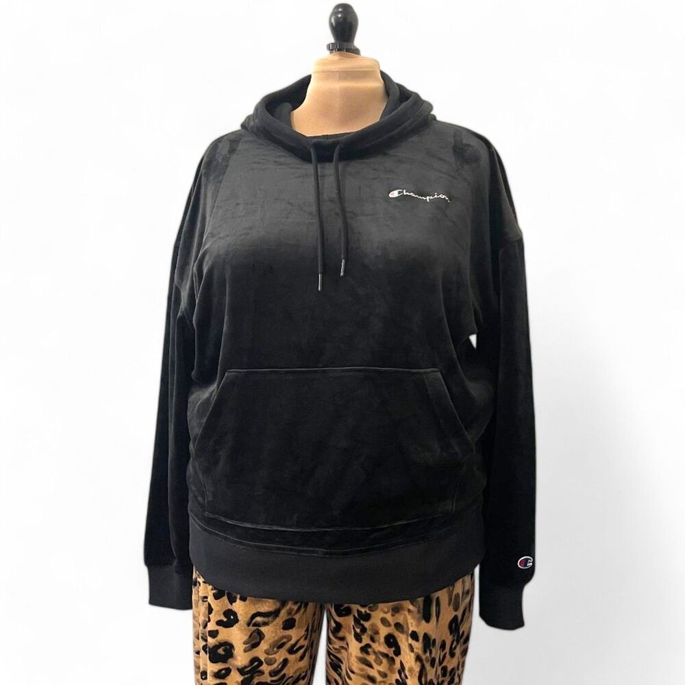 CHAMPION Black Velour Long Sleeve Hoodie Plus Size, NWT! Size 2XL
